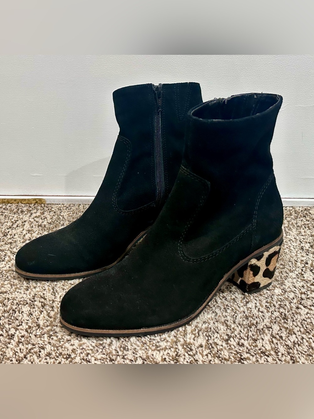 Jade Black Suede Ankle Boots with Leopard Block Heel size 8W